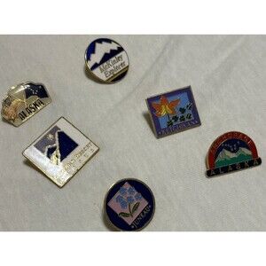 Vtg Alaska Enamel Pins Ketchikan Juneau Anchorage McKinley Alyeska Resort Set 6